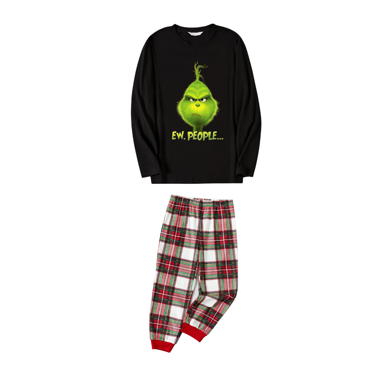 Christmas Cartoon Pattern Print Black Long Sleeve Top with Red & White & Green Plaid Matching Family Pajamas