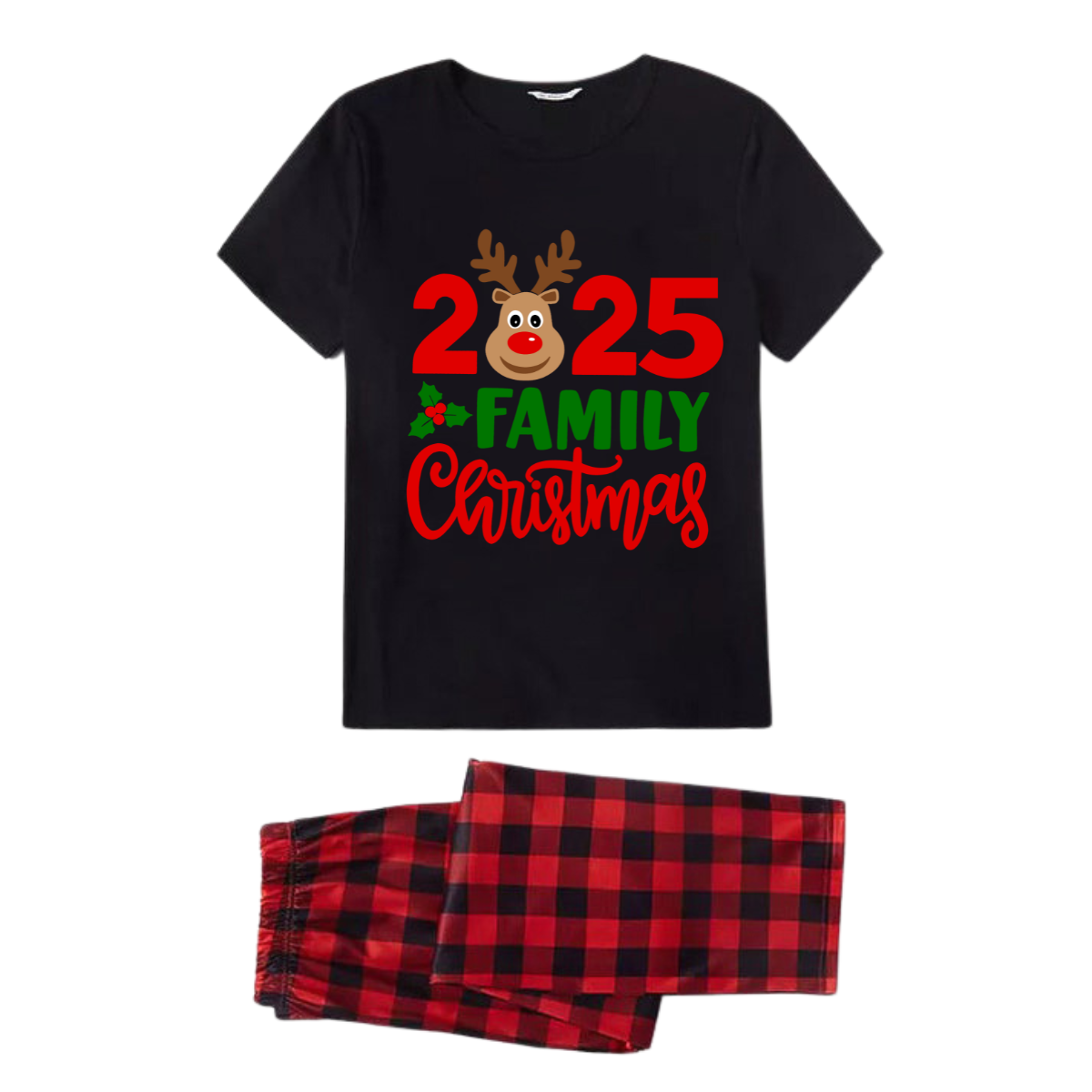 "2025 Family Christmas" Moose Letter Prints Black Short Sleeve with Red & Black Plaid Pant Family Matching Pajamas