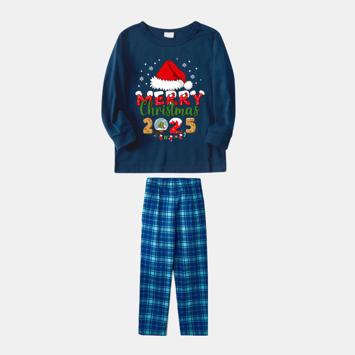 Navy & Sky Blue Plaid Christmas Pajamas Set With Santa Hat and "Merry Christmas 2025" Text Print
