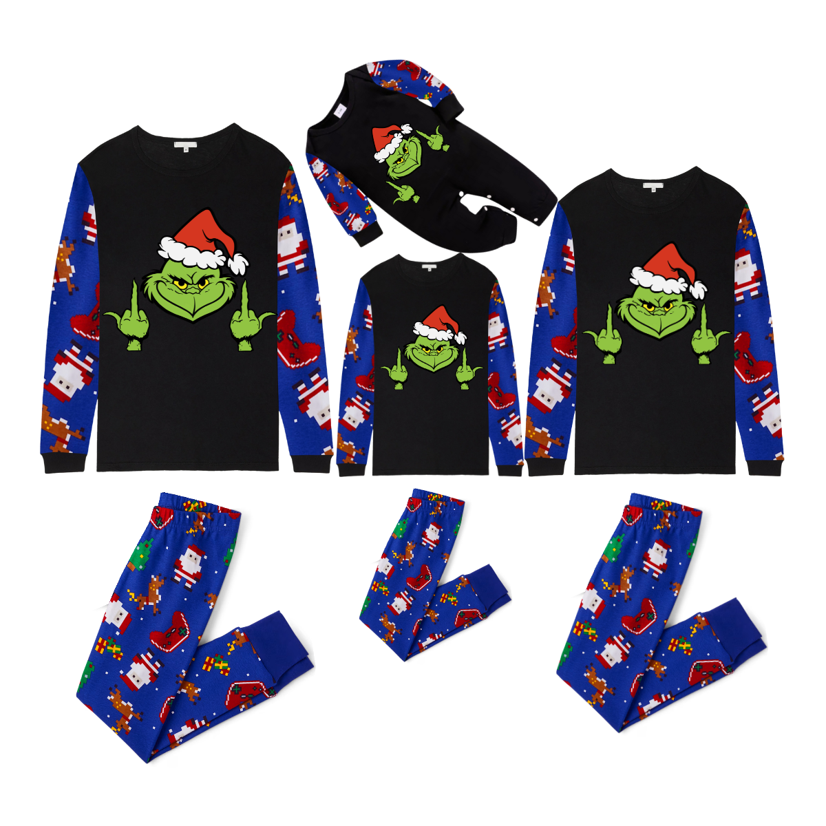 Grinch Santa Family Christmas Pajamas Black Top with Blue Santa Print Pants