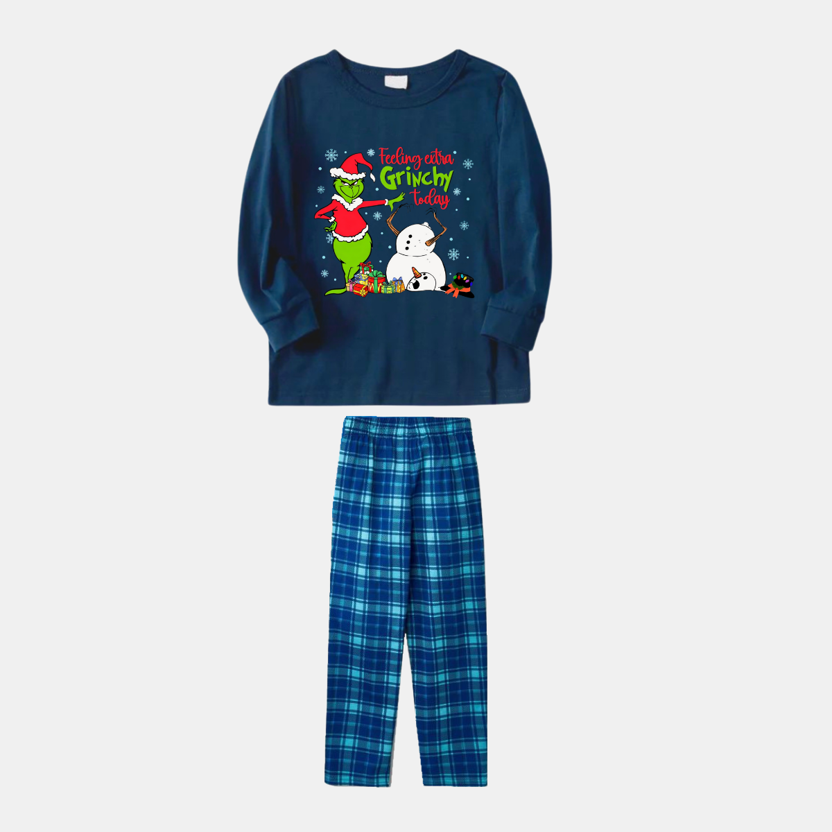 Navy & Sky Blue Plaid Christmas Pajamas Set With Grinch and Snowman Print