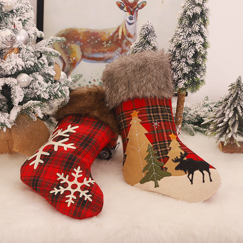 Christmas Decorations Embroidered/Plaid/Snowflake Brown Velvet Red and Black Christmas Socks