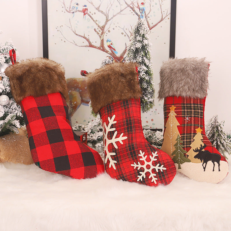 Christmas Decorations Embroidered/Plaid/Snowflake Brown Velvet Red and Black Christmas Socks
