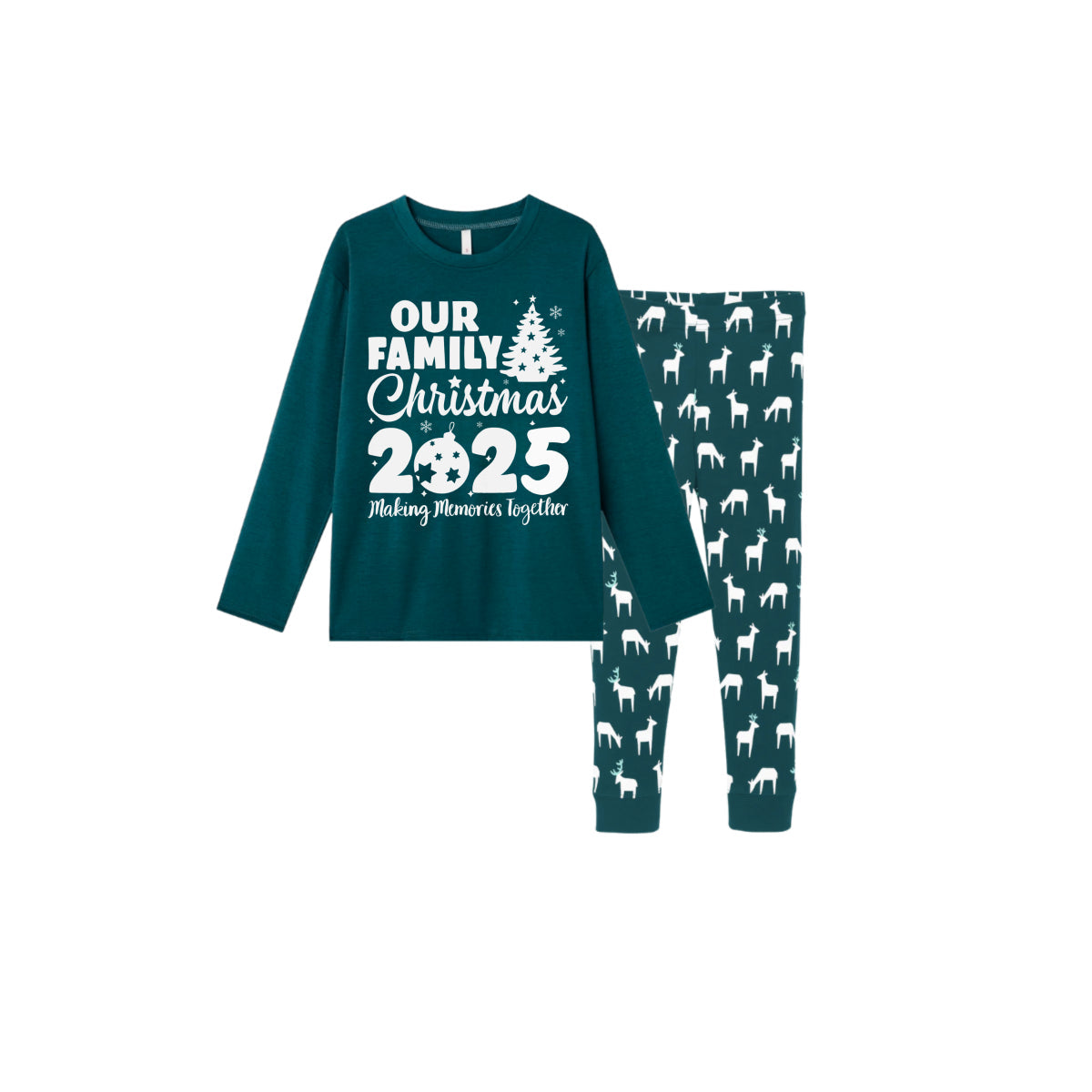 Christmas Family Matching Pajamas-Dark Green&Deer Patterned Pjs Set with "Our Family Christmas 2025" Print