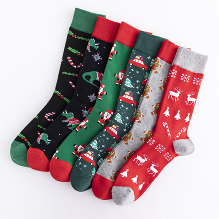 Christmas Plus Size Colorful Cotton Men's Socks 6 Pairs