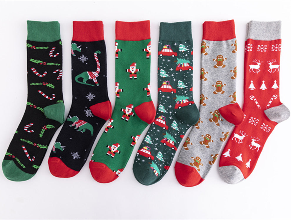 Christmas Plus Size Colorful Cotton Men's Socks 6 Pairs