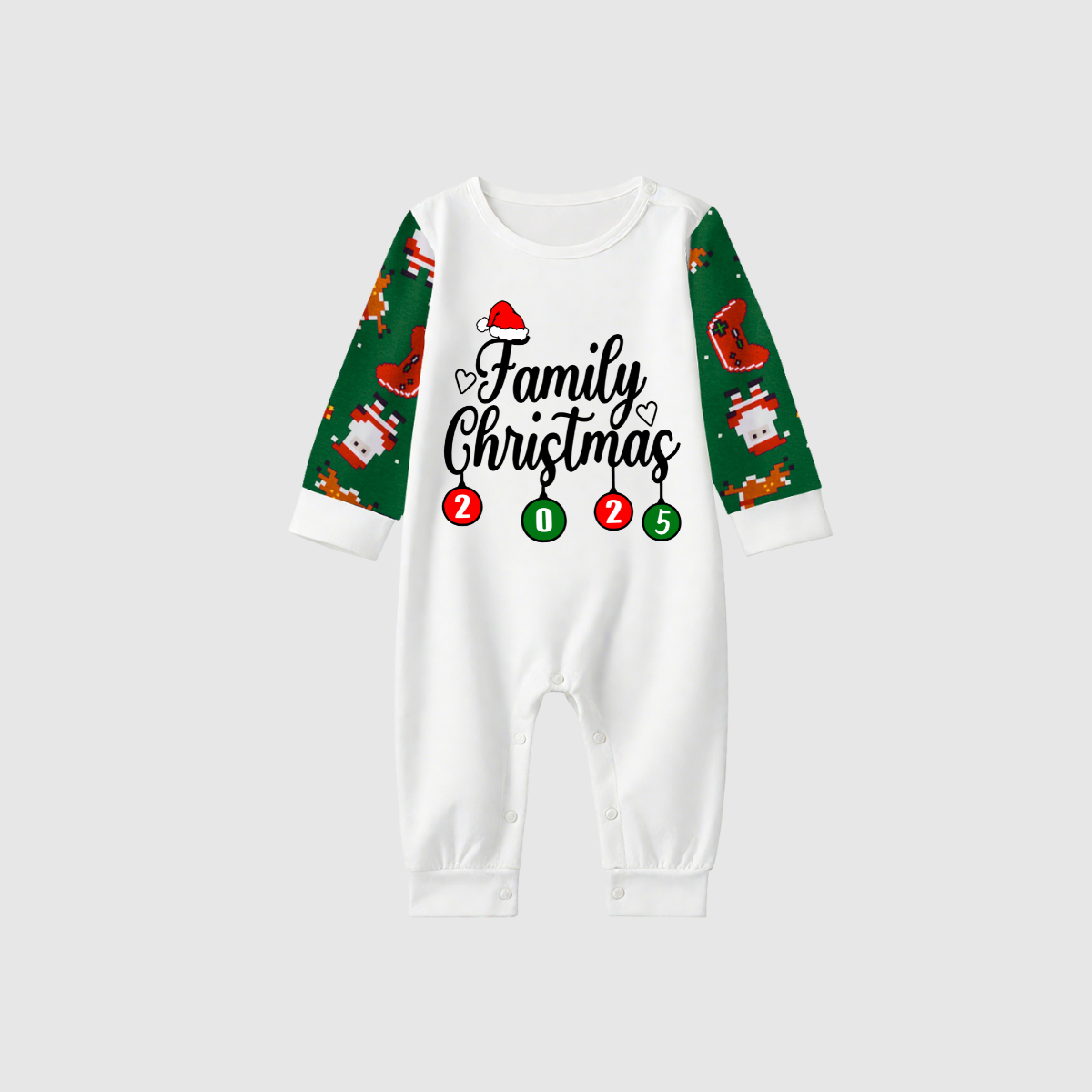 Christmas Family Matching Family Pajamas Set - White Top, Green Pants, Santa Print