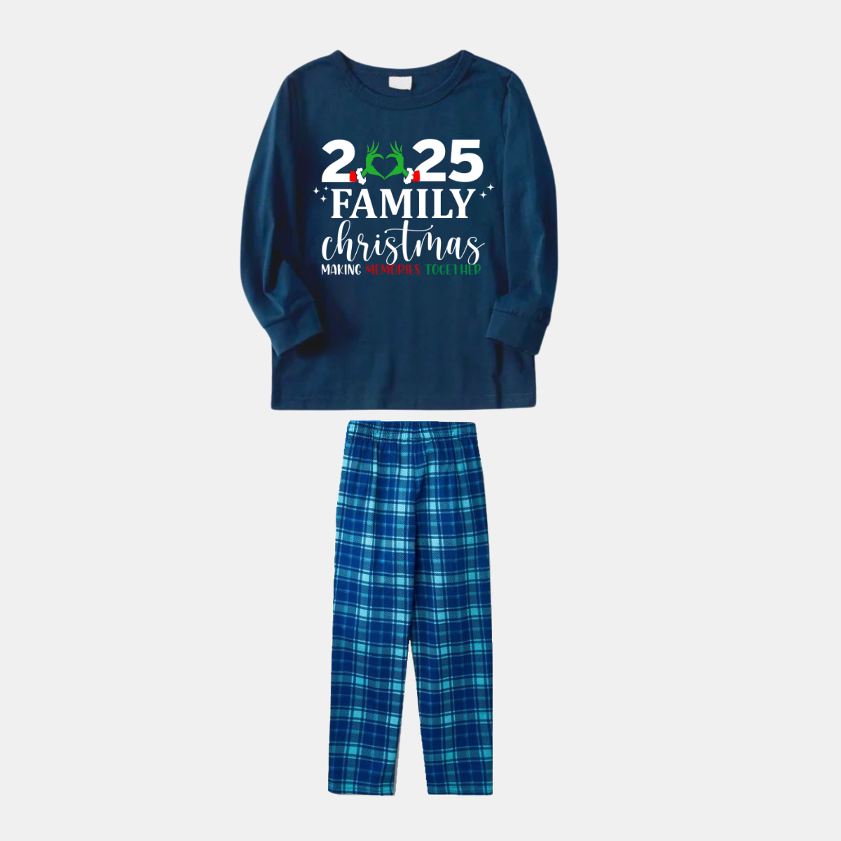 "2025 Family Christmas" Quirky Heart Letter Print Blue Long Sleeve Top With Blue Plaid Family Matching Pajamas