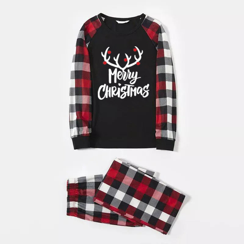Merry Christmas Matching Family Pajamas Deer Print Black White Plaids Pajamas Set