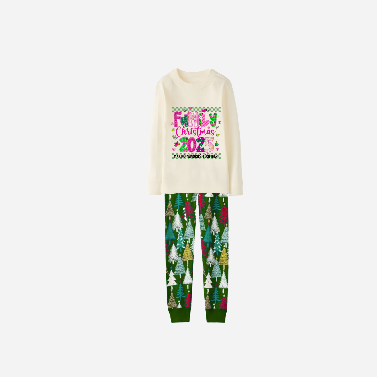 "Family Christmas 2025" Faux Glitter Beige Top and Christmas Tree Pants Christmas Pajamas Set