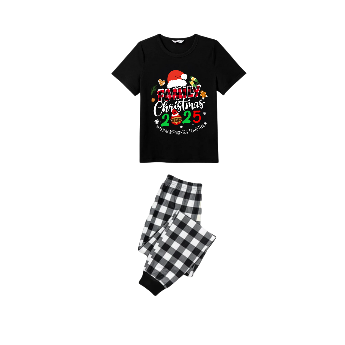 Making Memories Together Family Christmas 2025 Pajamas Set - Black Top Black and White Plaid Pants Santa Hat Graphic