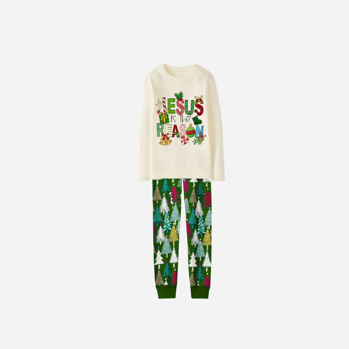 Christmas Cartoon Family Christmas Pajamas Set - Cream Top with Multicolor Christmas Tree Pants and “Jesus is the Reason” Design
