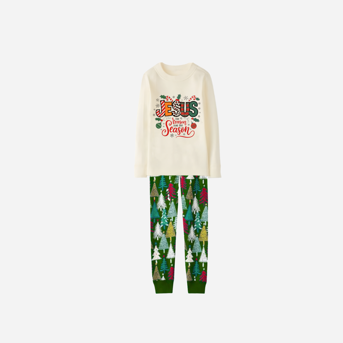 "Jesus is the REASON for the Season" Matching Christmas Pajamas Set - Beige Top and Tree Print Pants Pajamas