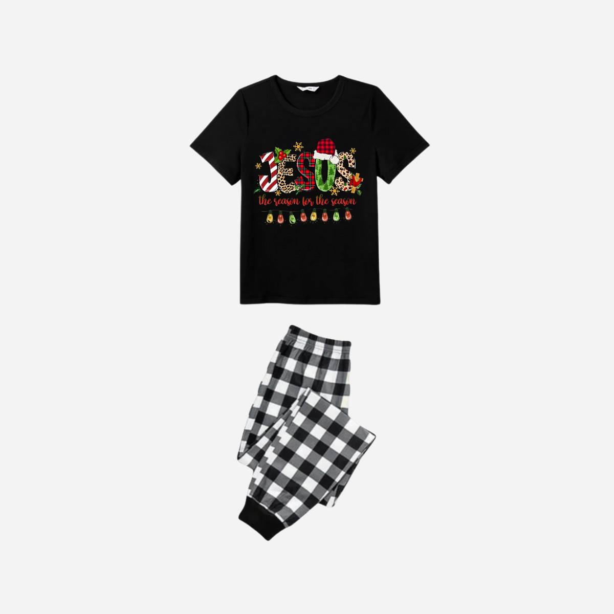 Jesus the Reason for the Season Family Christmas Pajamas Set - Black Top with Black and White Plaid Pants