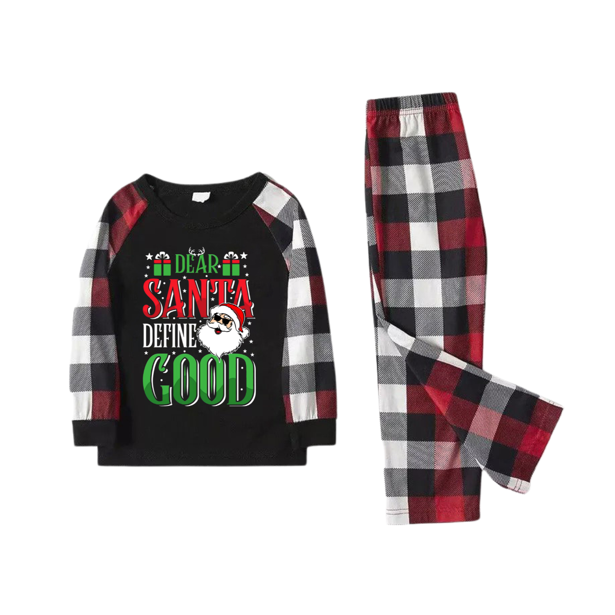 "Dear Santa Define Good" Slogan Printed Red&Black&White Plaid Matching Pajamas