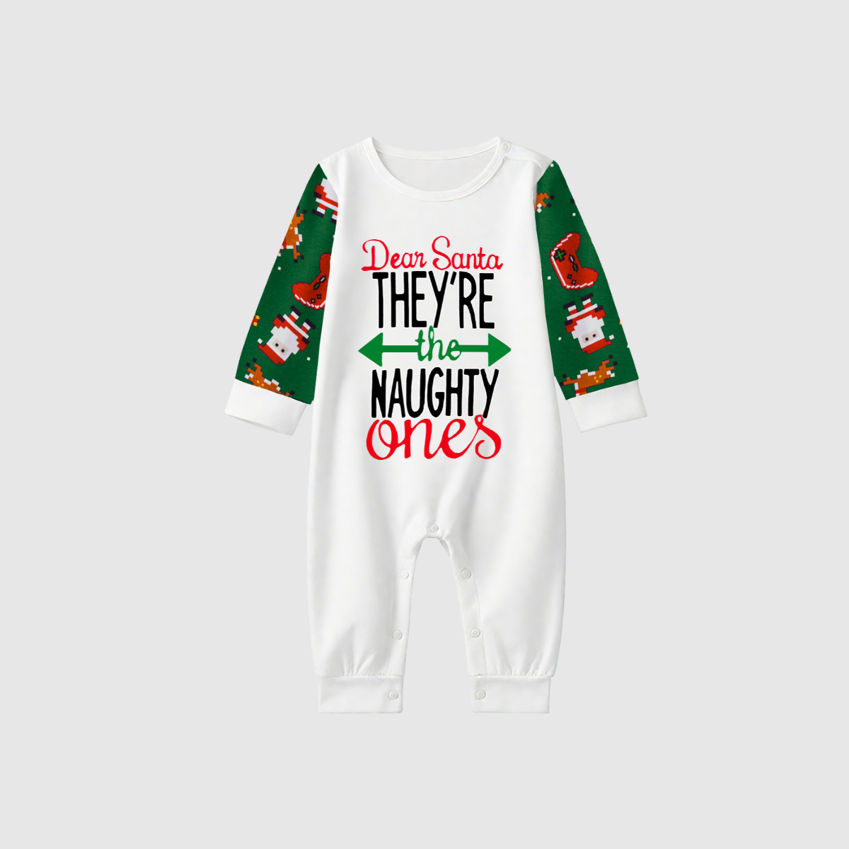Dear Santa Naughty Ones Family Pajamas Set - White Top, Green Christmas Pattern Pants, Green Sleeves