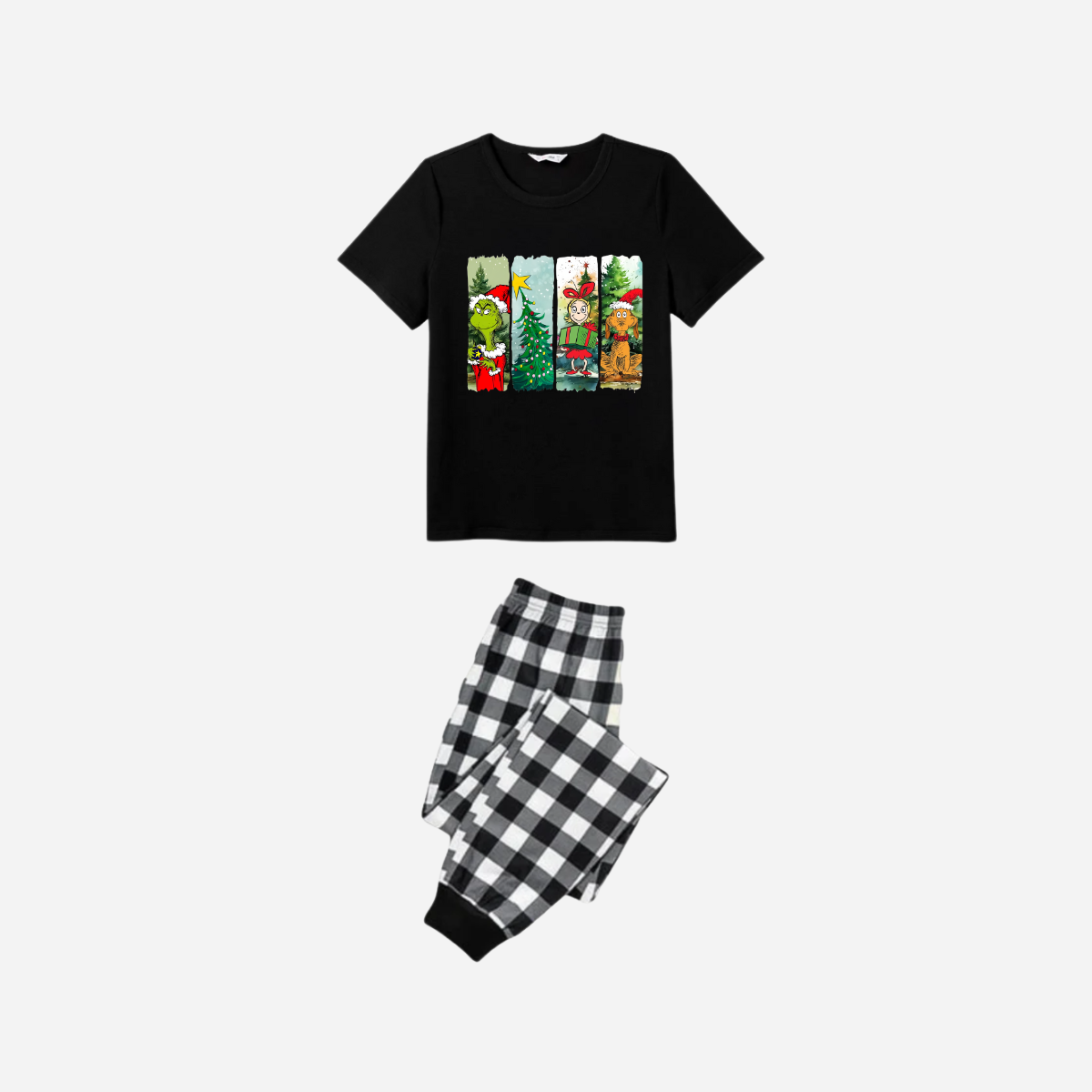 Christmas Cartoon Family Christmas Pajamas Set - Black Top with Black and White Plaid Pants