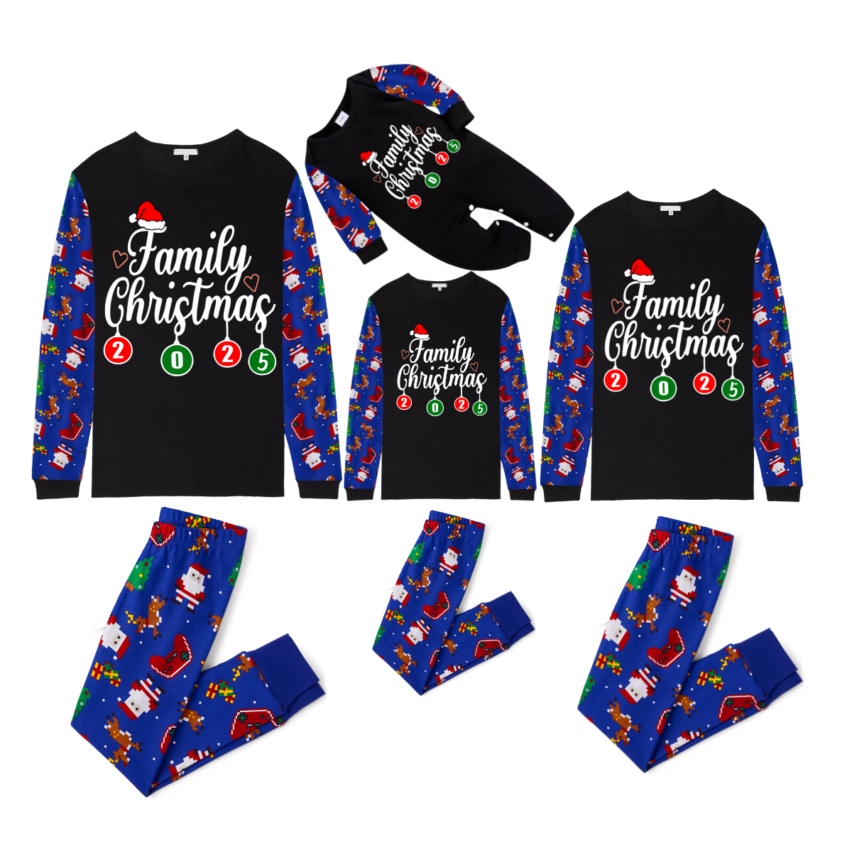 Family Christmas 2025 Pajamas Set - Black Top / Blue Santa & Reindeer Print Sleeves & Pants