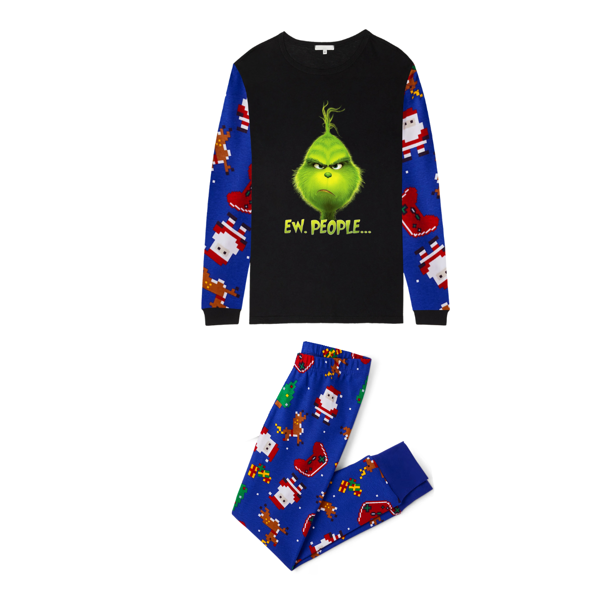 Grinch Ew, People.... Family Christmas Pajamas Blue Santa Print