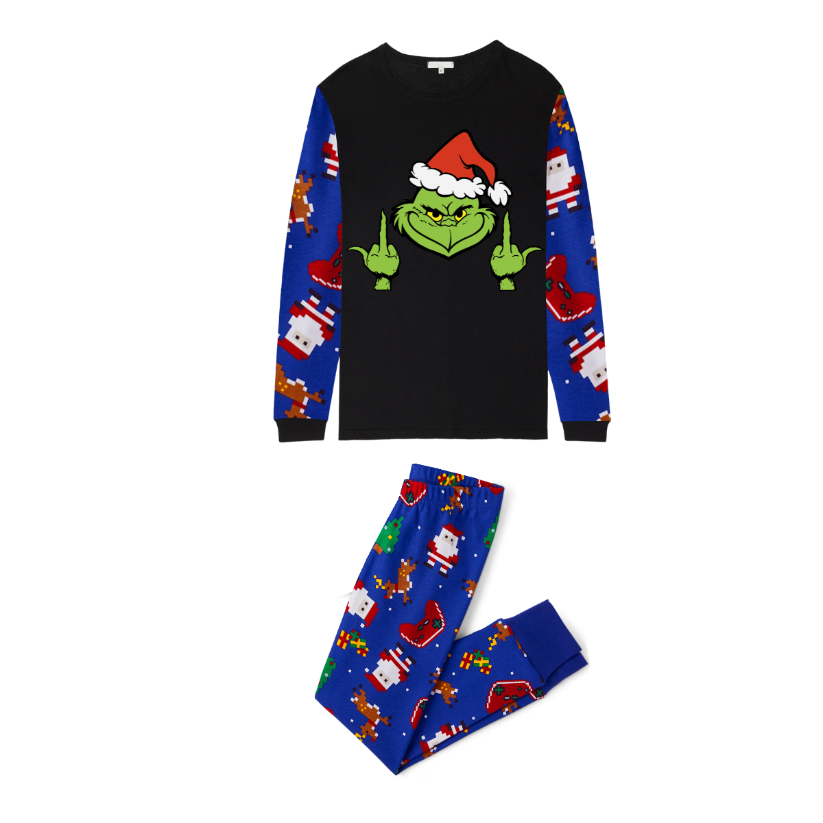 Grinch Santa Family Christmas Pajamas Black Top with Blue Santa Print Pants