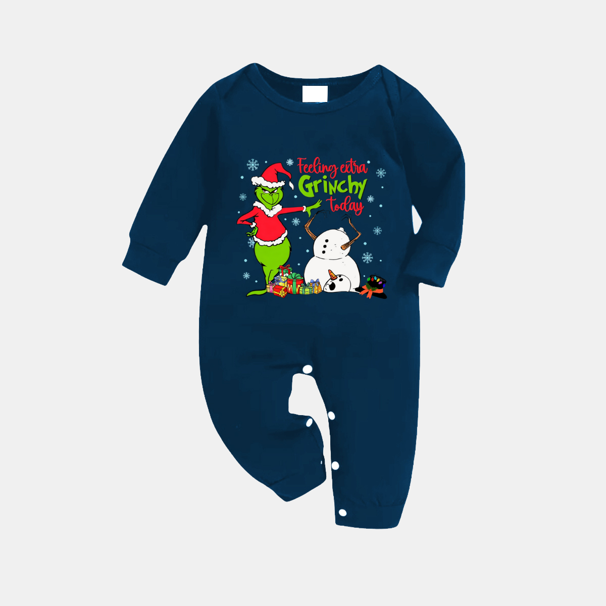 Navy & Sky Blue Plaid Christmas Pajamas Set With Grinch and Snowman Print