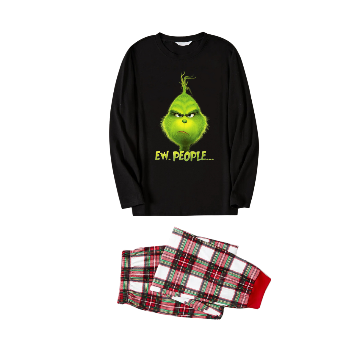 Christmas Cartoon Pattern Print Black Long Sleeve Top with Red & White & Green Plaid Matching Family Pajamas