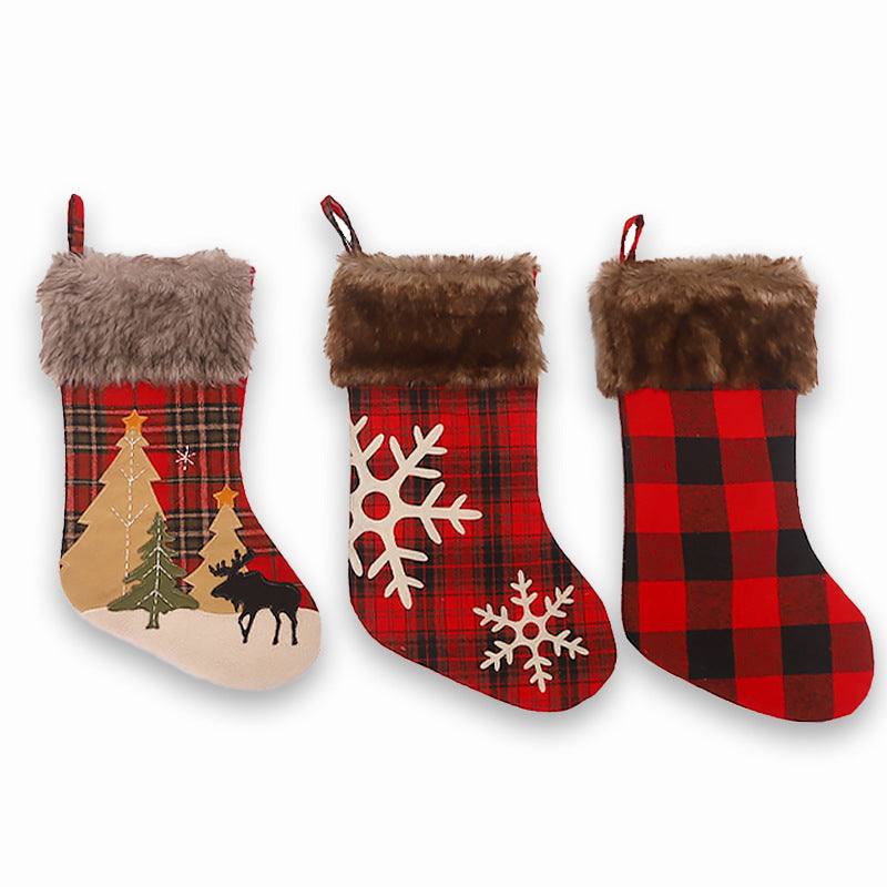 Christmas Decorations Embroidered/Plaid/Snowflake Brown Velvet Red and Black Christmas Socks