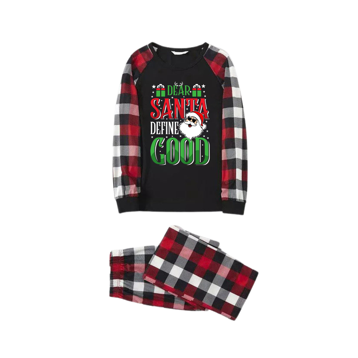 "Dear Santa Define Good" Slogan Printed Red&Black&White Plaid Matching Pajamas