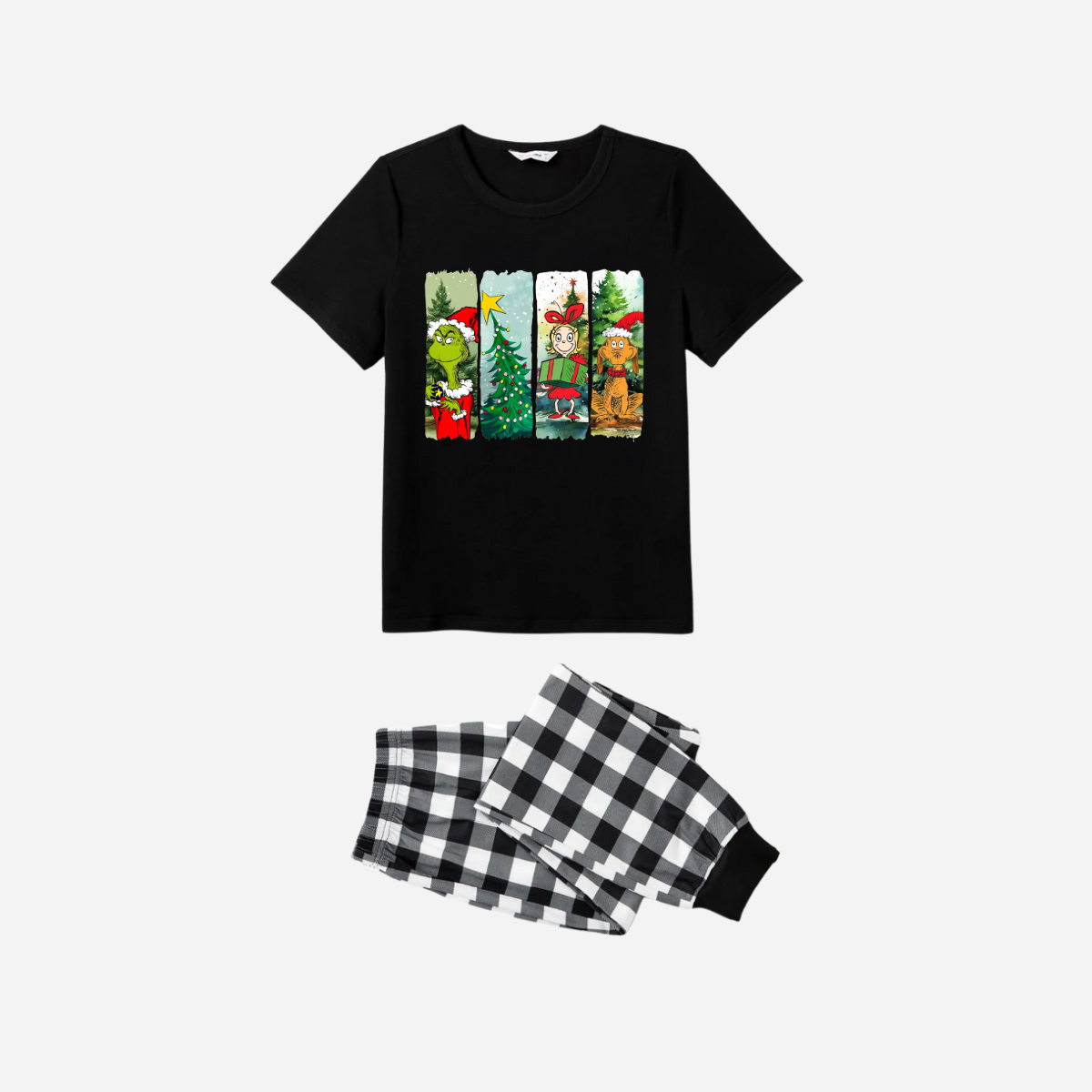 Christmas Cartoon Family Christmas Pajamas Set - Black Top with Black and White Plaid Pants