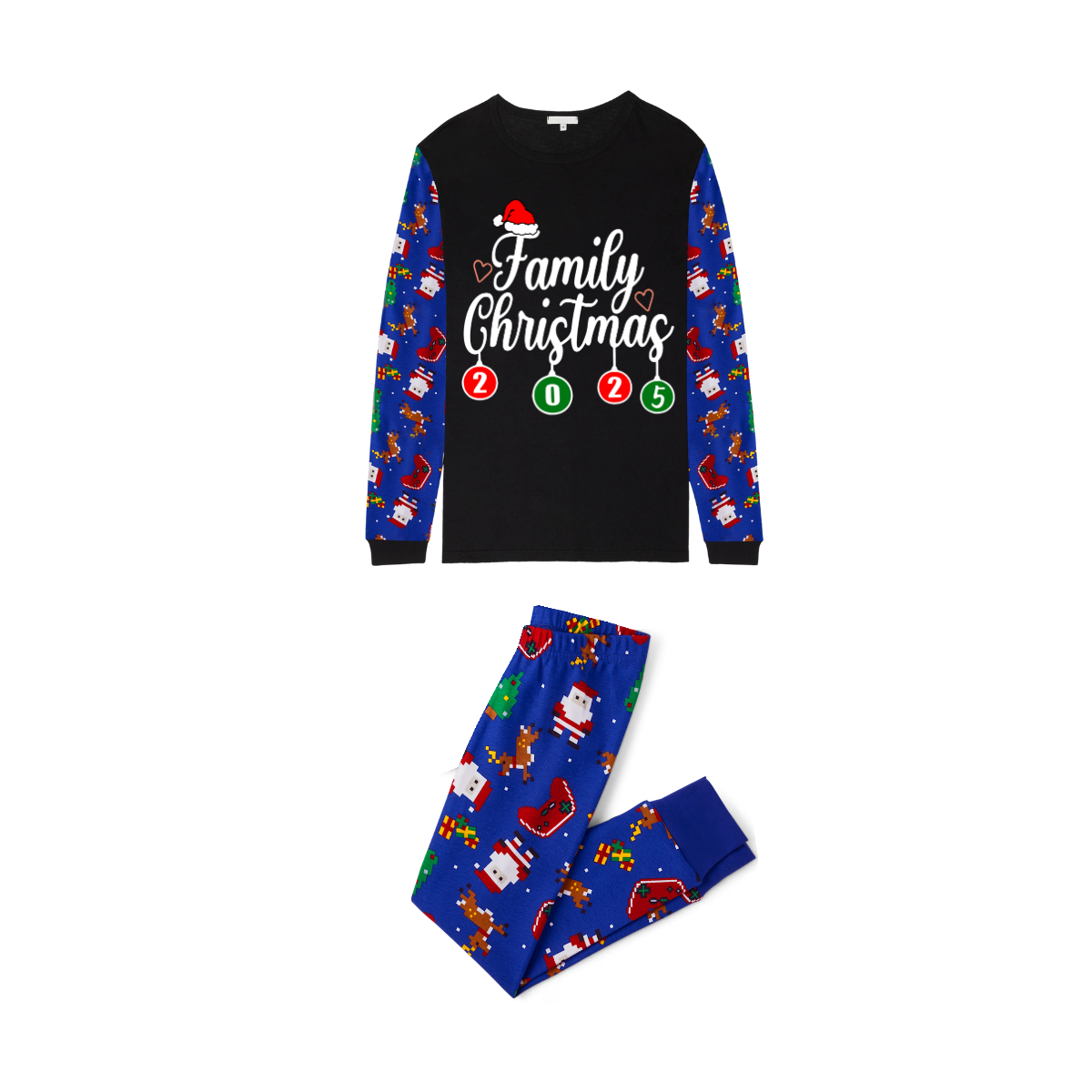 Family Christmas 2025 Pajamas Set - Black Top / Blue Santa & Reindeer Print Sleeves & Pants