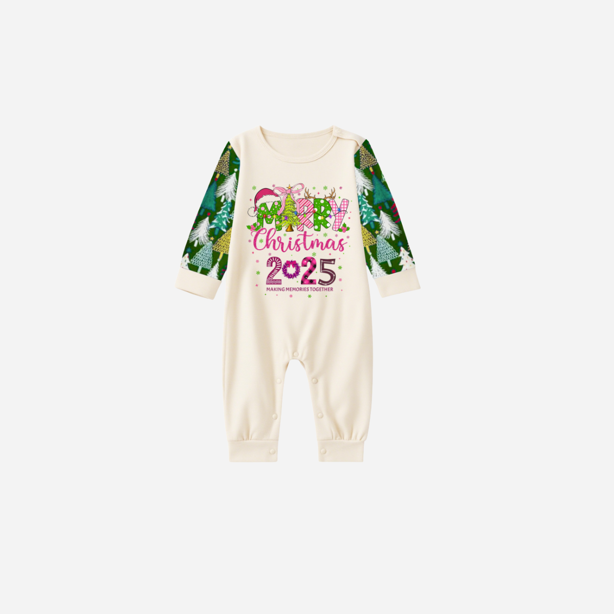 Merry Christmas 2025 Family Christmas Pajamas Set - White Top with Christmas Tree Printed Pants