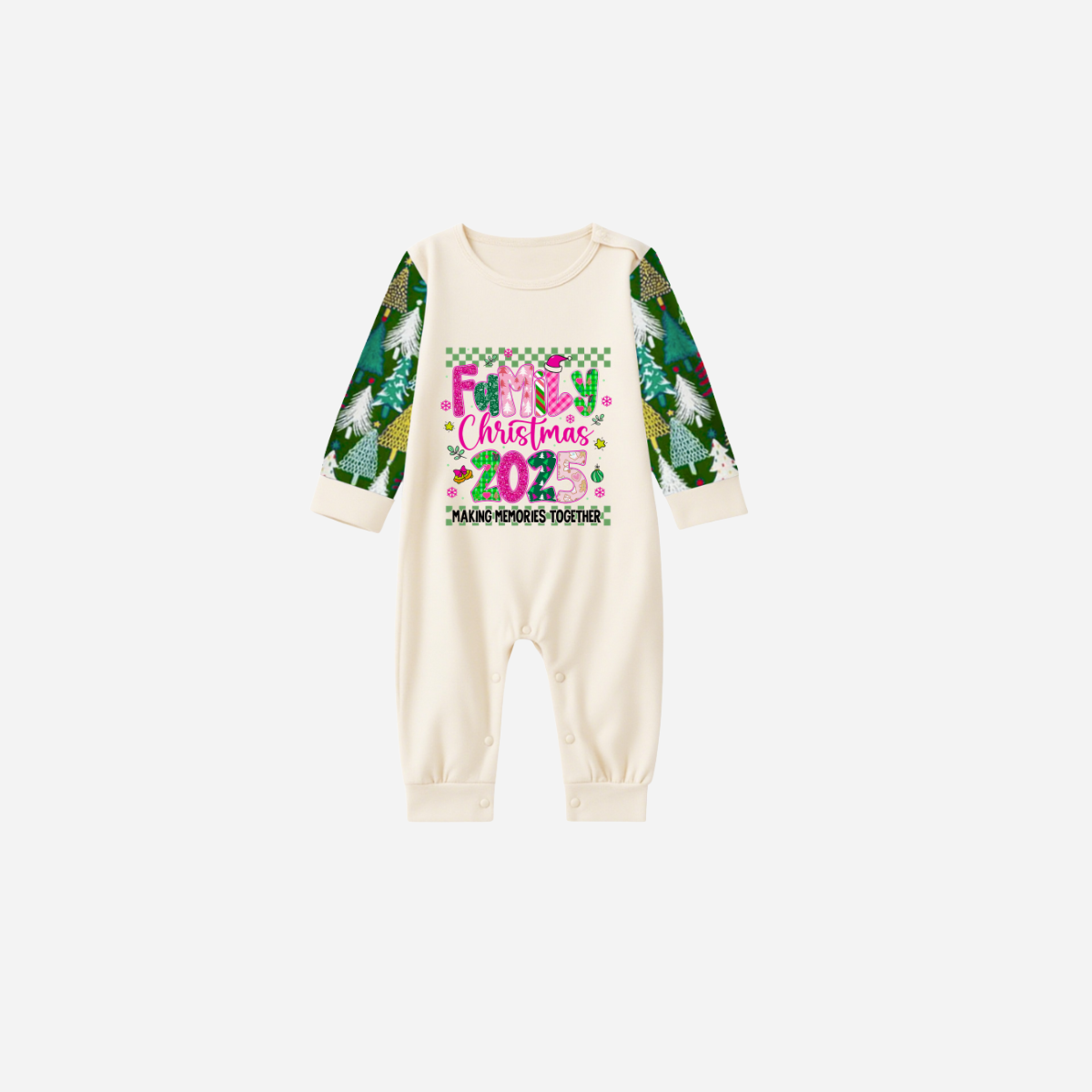"Family Christmas 2025" Faux Glitter Beige Top and Christmas Tree Pants Christmas Pajamas Set