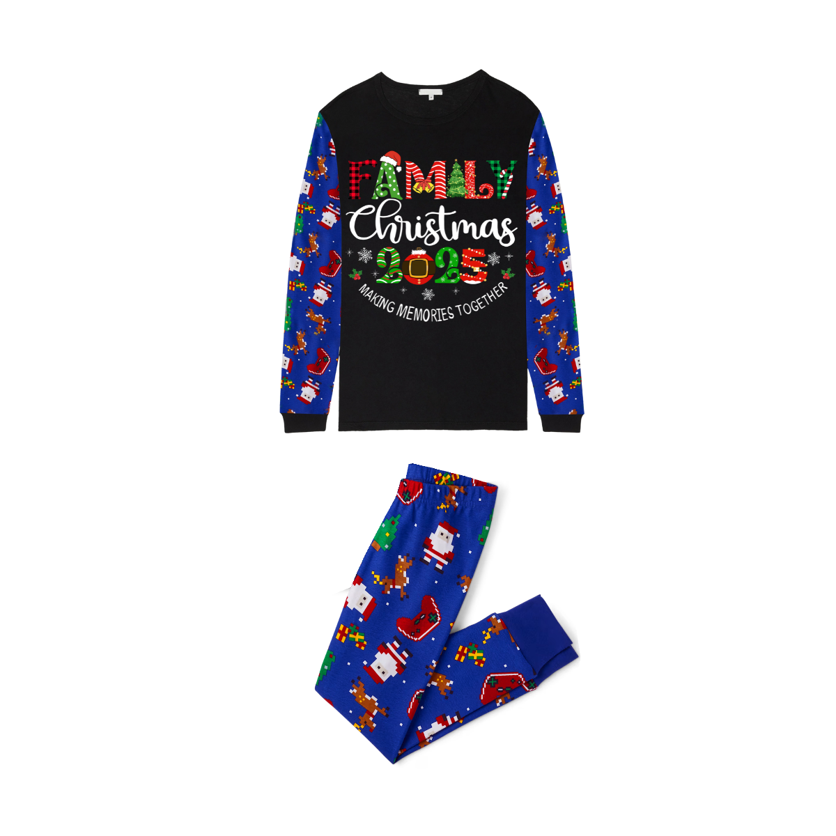 Family Christmas 2025 Making Memories Family Pajamas Set - Black Top, Blue Pants, Blue Christmas Cartoon Sleeves