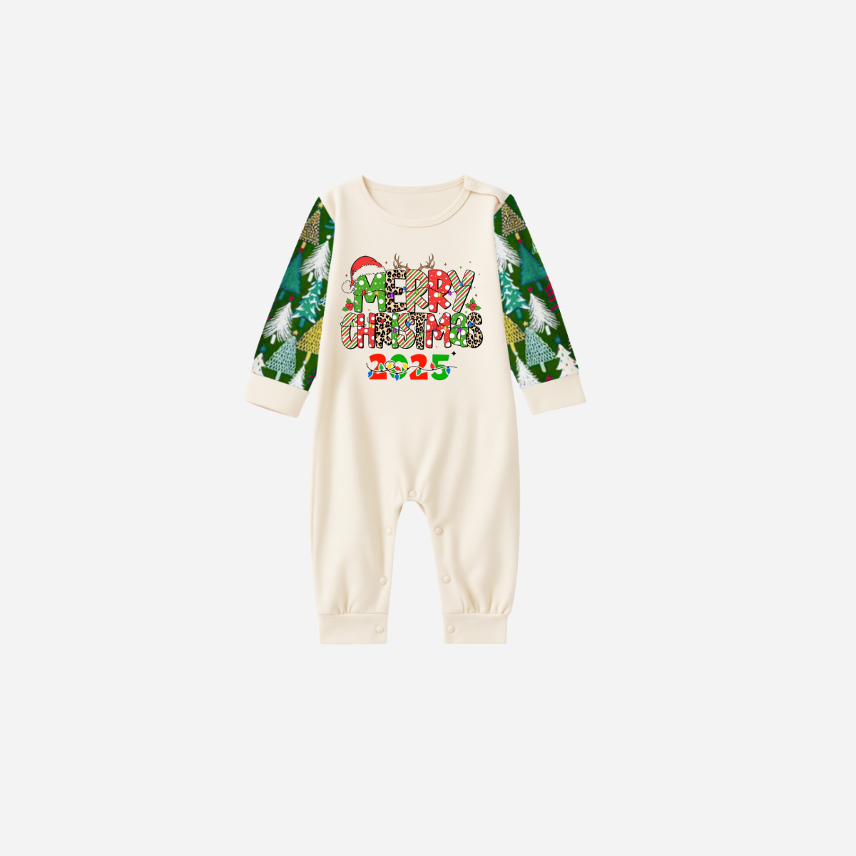 Merry Christmas 2025 Family Christmas Pajamas Set - White Top with Christmas Tree Printed Pants