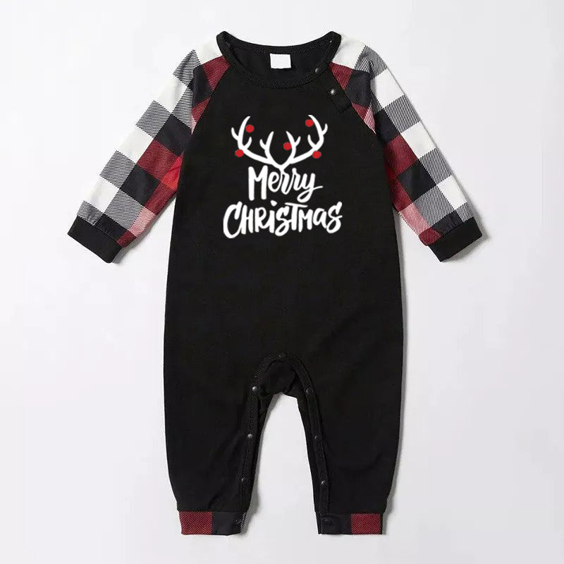 Merry Christmas Matching Family Pajamas Deer Print Black White Plaids Pajamas Set