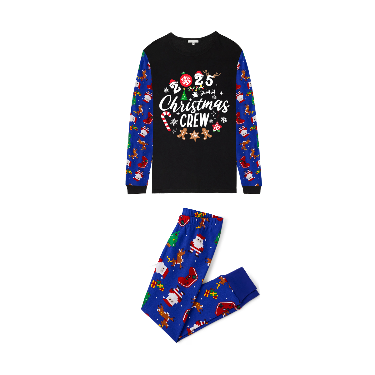 Christmas Crew 2025 Family Pajamas Set - Black Top, Blue Pants, Blue Christmas Cartoon Sleeves, Gingerbread Candy Print