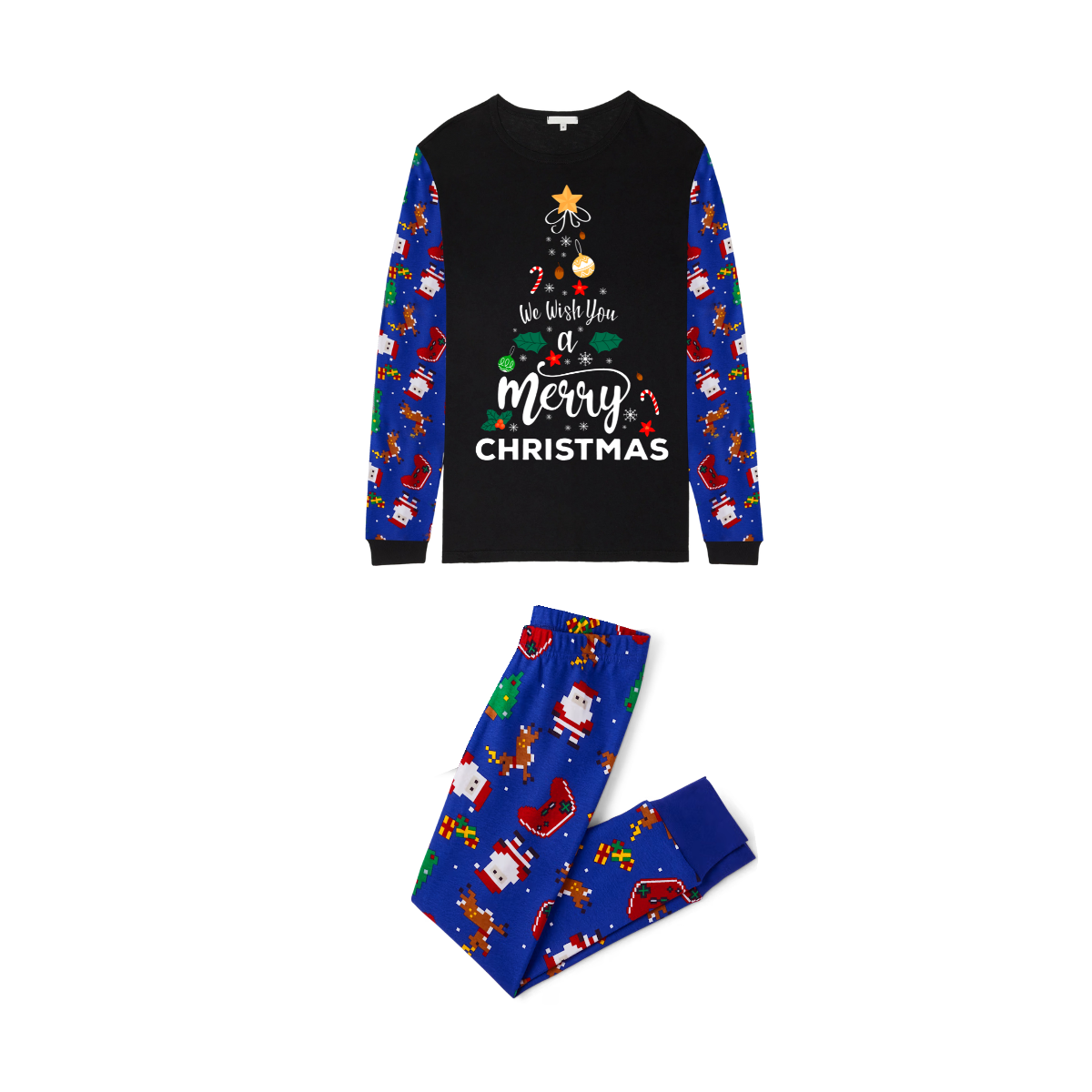 We Wish You a Merry Christmas Family Pajamas Set - Black Top / Blue Santa Print Pants / Blue Santa Print Sleeves