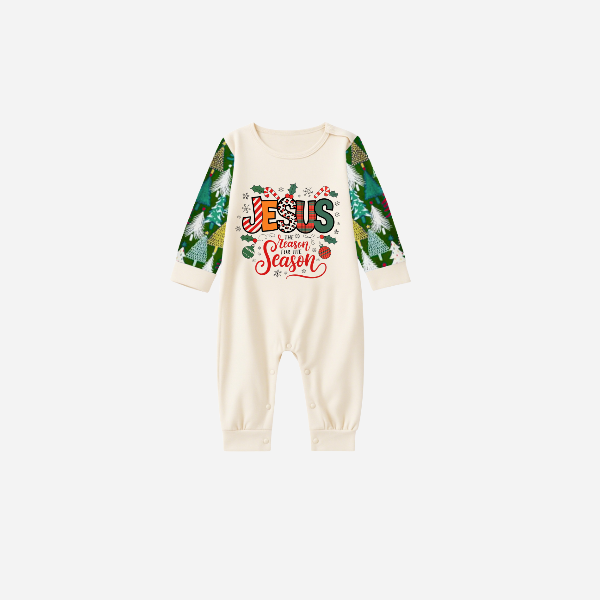 "Jesus is the REASON for the Season" Matching Christmas Pajamas Set - Beige Top and Tree Print Pants Pajamas