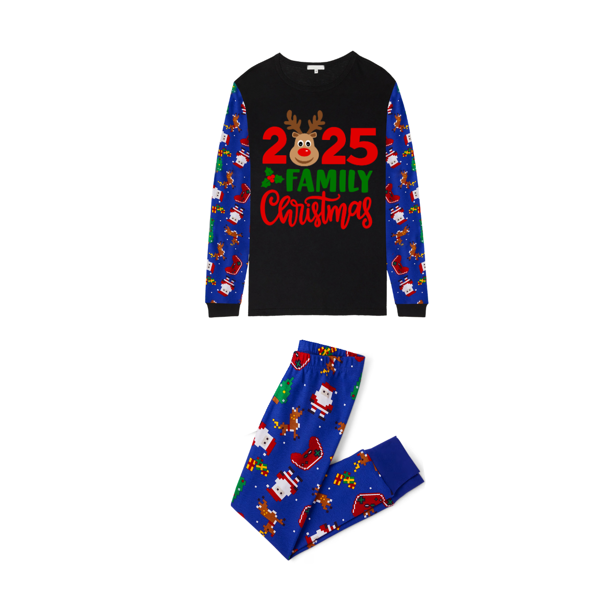 2025 Reindeer Family Christmas Family Pajamas Set - Black Top / Blue Santa Print Pants / Blue Santa Print Sleeves
