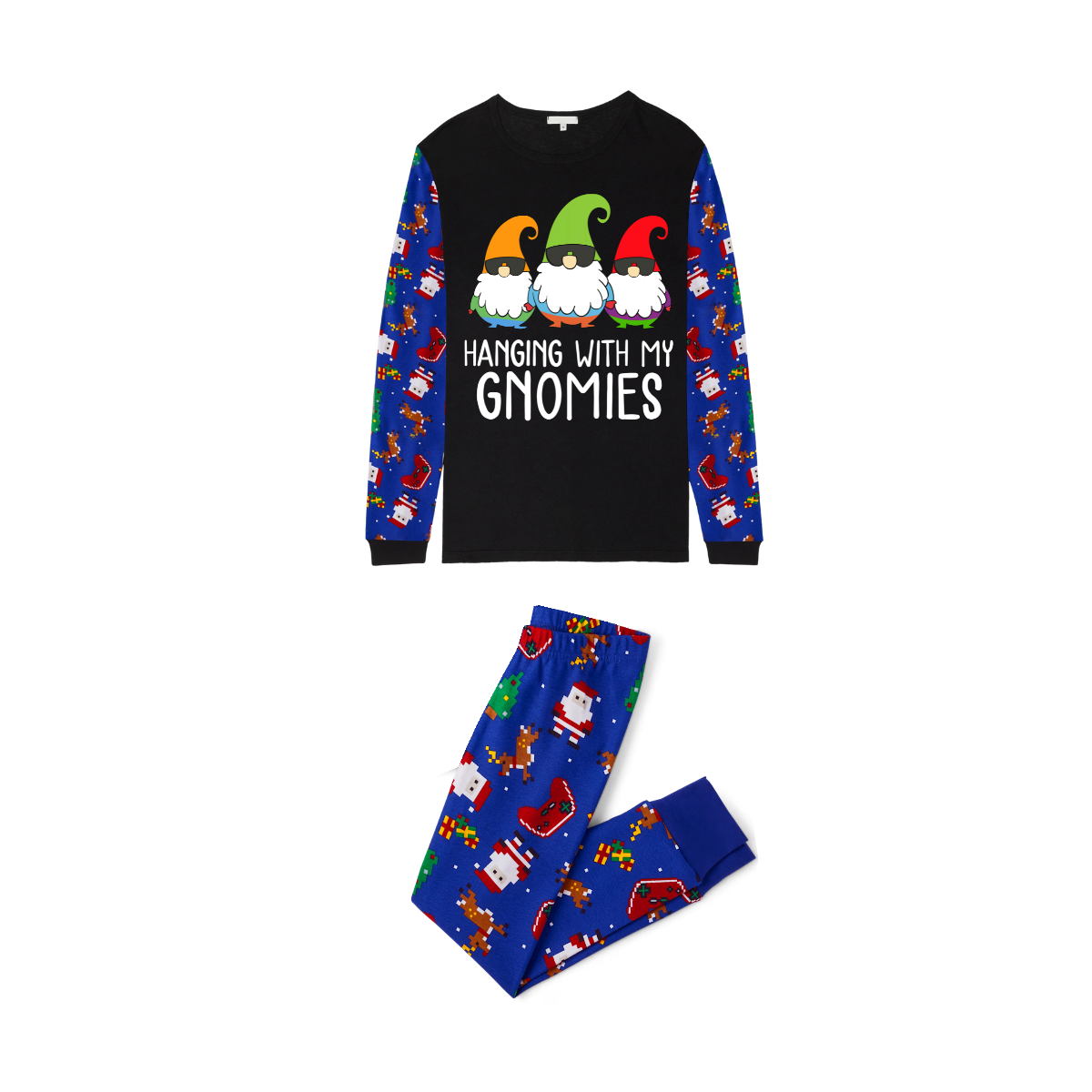 Hanging With My Gnomies Christmas 2025 Family Pajamas Set - Black Top, Blue Pants, Blue Christmas Cartoon Sleeves