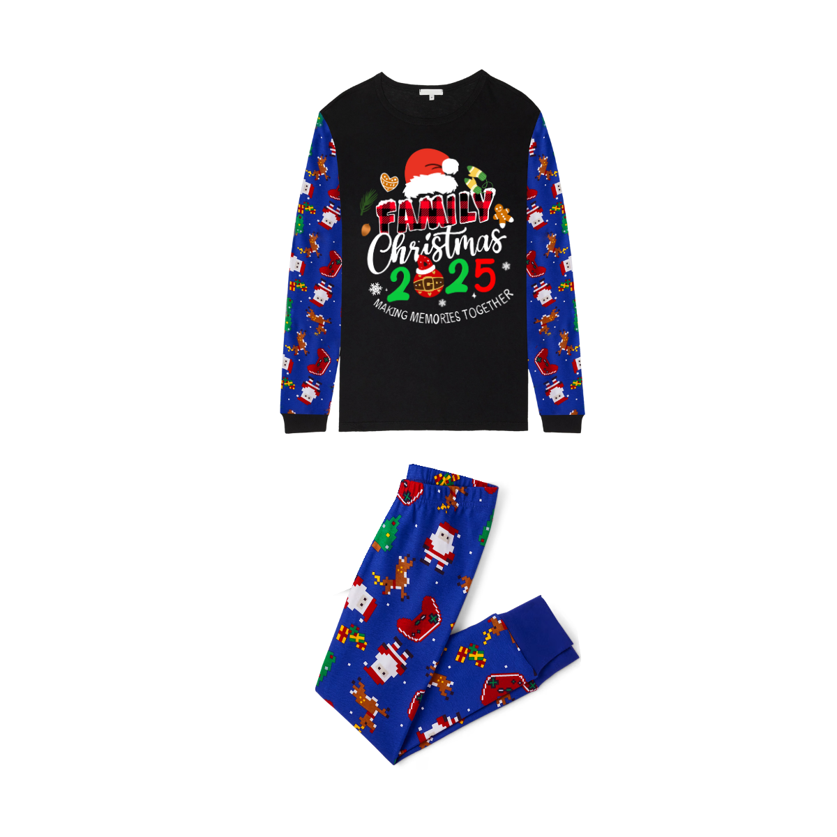 Merry Christmas 2025 Making Memories Family Pajamas Set - Black Top, Blue Pants, Christmas Cartoon Sleeves, Santa & Gingerbread Print