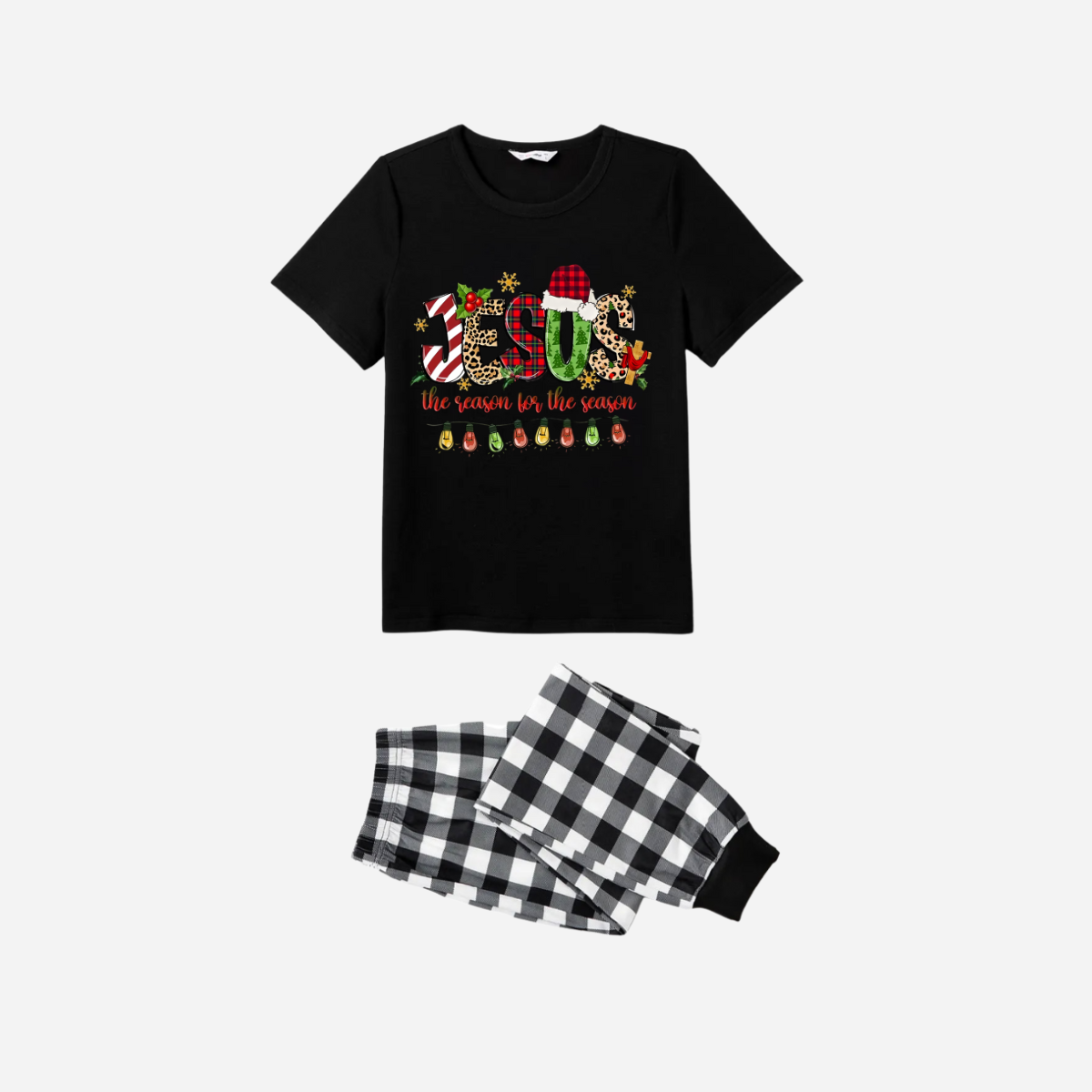 Jesus the Reason for the Season Family Christmas Pajamas Set - Black Top with Black and White Plaid Pants