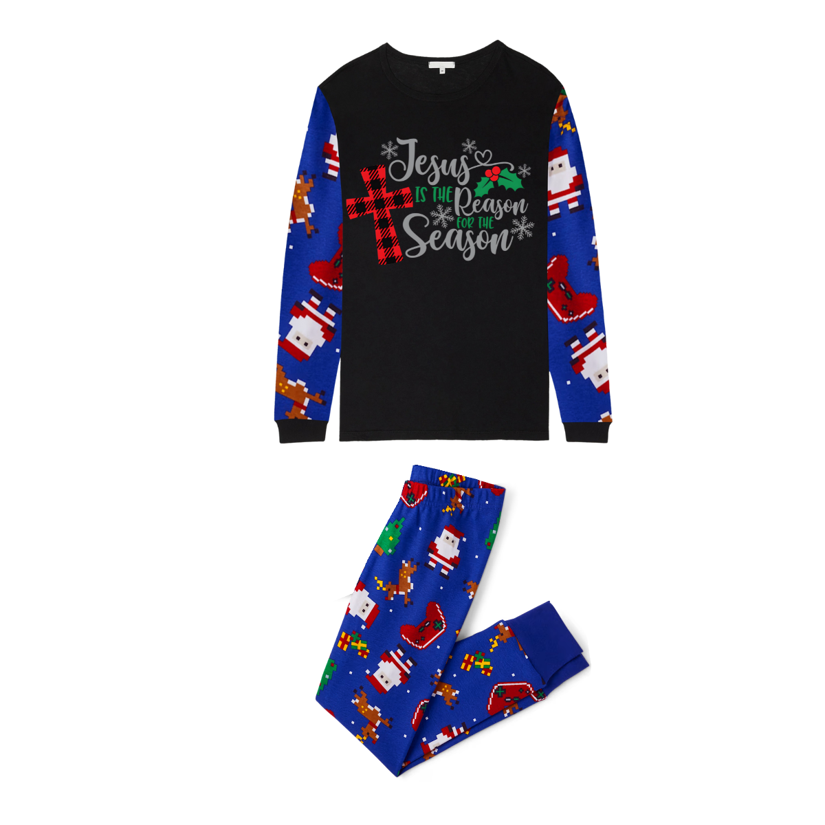 Matching Family Christmas Pajamas Jesus Is the Reason, Blue Santa Print