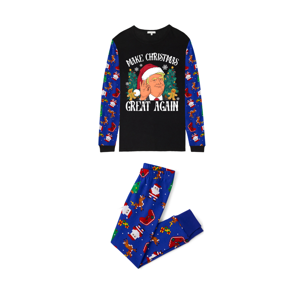 Christmas Cartoon Trump Make Christmas Great Again Family Pajamas Set - Black Top, Blue Pants, Santa Pattern
