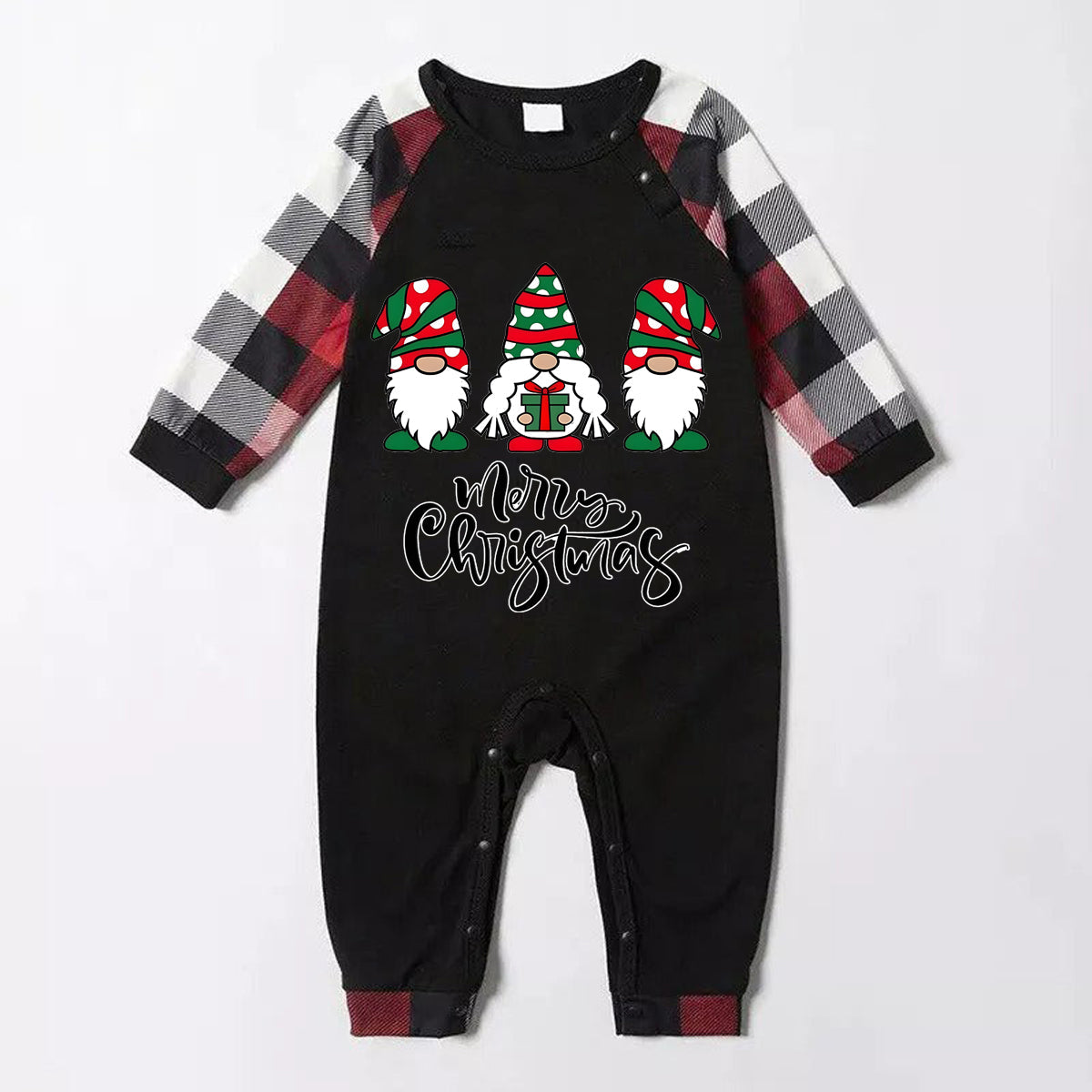 Merry Christmas Cute Gnome Print Casual Long Sleeve Sweatshirts Contrast Tops and Red & Black & White Plaid Pants Family Matching Pajamas Set With Dog Bandana
