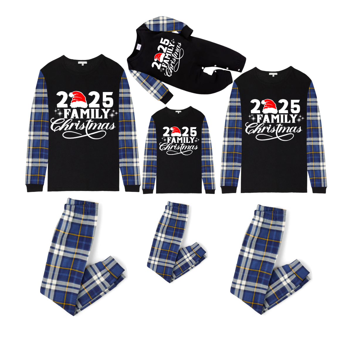 Christmas 2025 Family Matching Family Pajamas Set - Black Top, Blue Pants, Plaid Pattern