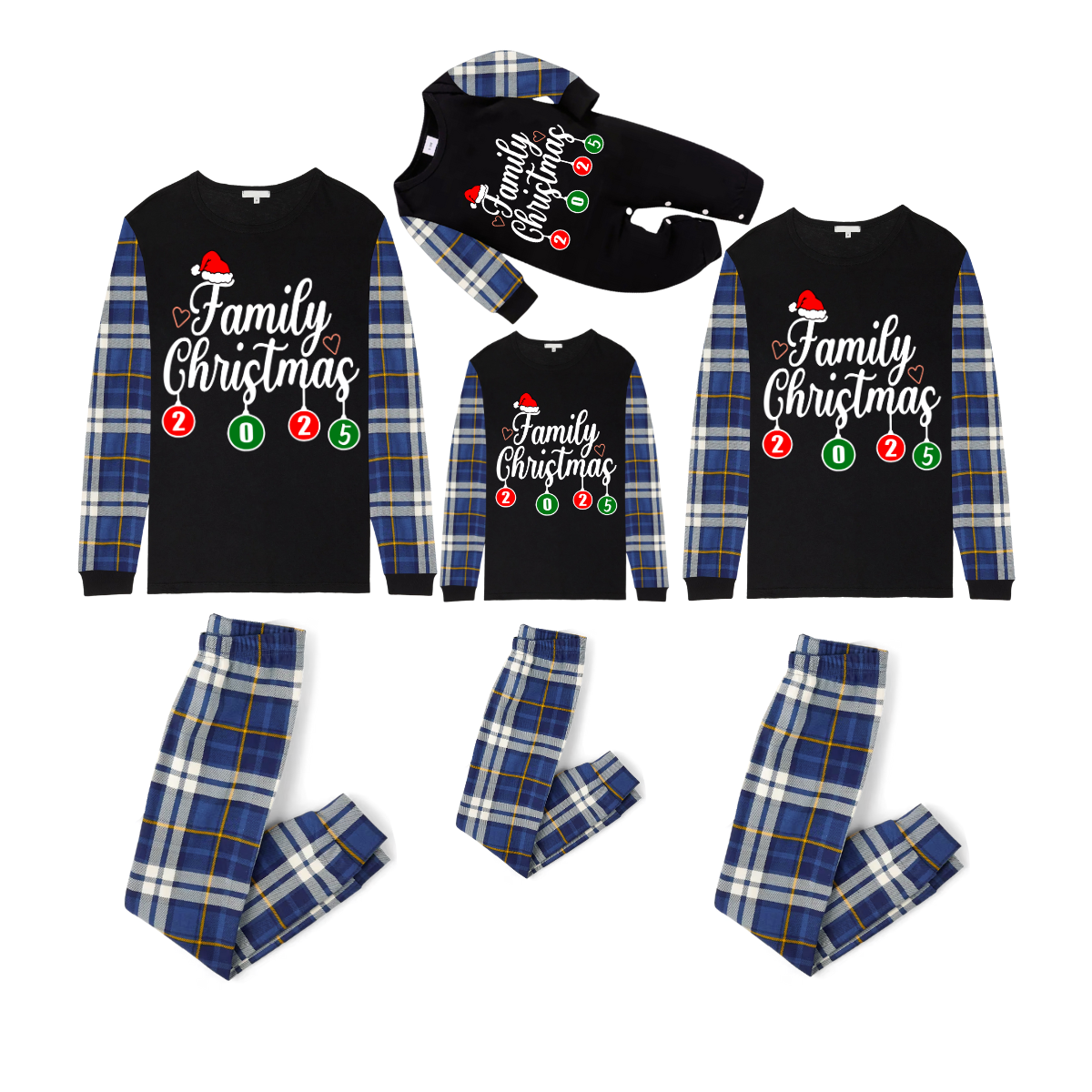 Family Christmas 2025 Pajamas Set - Black Top / Blue Plaid Sleeves & Pants / Santa Hat Print