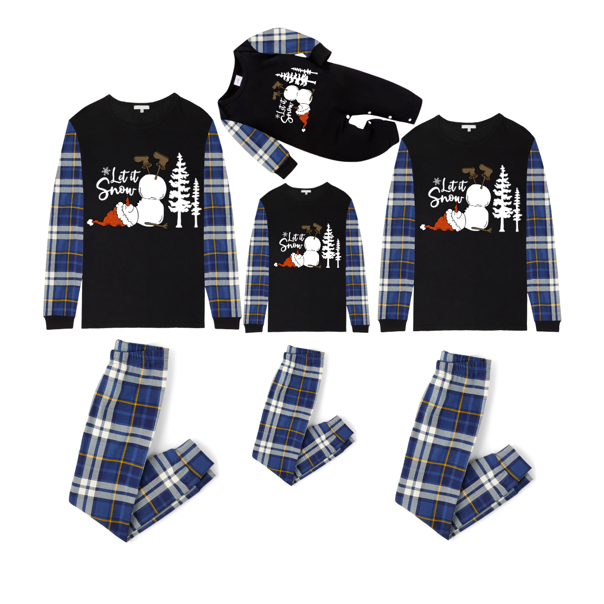Let It Snow Family Christmas Pajamas - Black & Blue Plaid