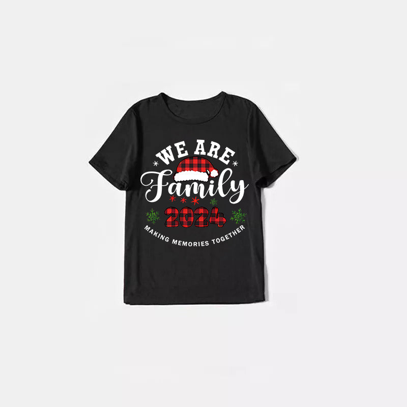 "We are Family" Santa Hat Monogram Print Letter Black Short Sleeve with Red & Black Plaid Pant Family Matching Pajamas