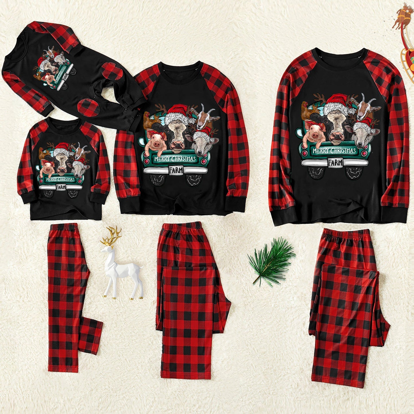 Christmas Cute Cartoon Car Highland Cow Farm Animals Heifers Christmas Cow Patterned and 'Merry Christmas' Letter Print Contrast Black top and Black & Red Plaid Pants Family Matching Pajamas Set